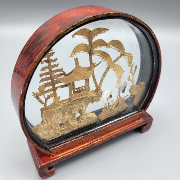 Vtg Chinese Hand Carved Cork Diorama Cranes Black Lacquer Art Stand 4" x 3.75" - Picture 10 of 16